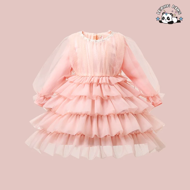 LEZONKIDS - Roupas infantis para meninas Vestido de malha rosa com mangas compridas Vestidos em forma de bolo para crianças de 2 a 12 anos